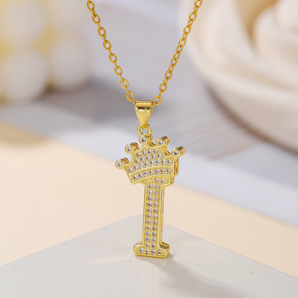 Gold Diamond Crown Uppercase Letter Pendant Necklace – Fashionable & Trendy