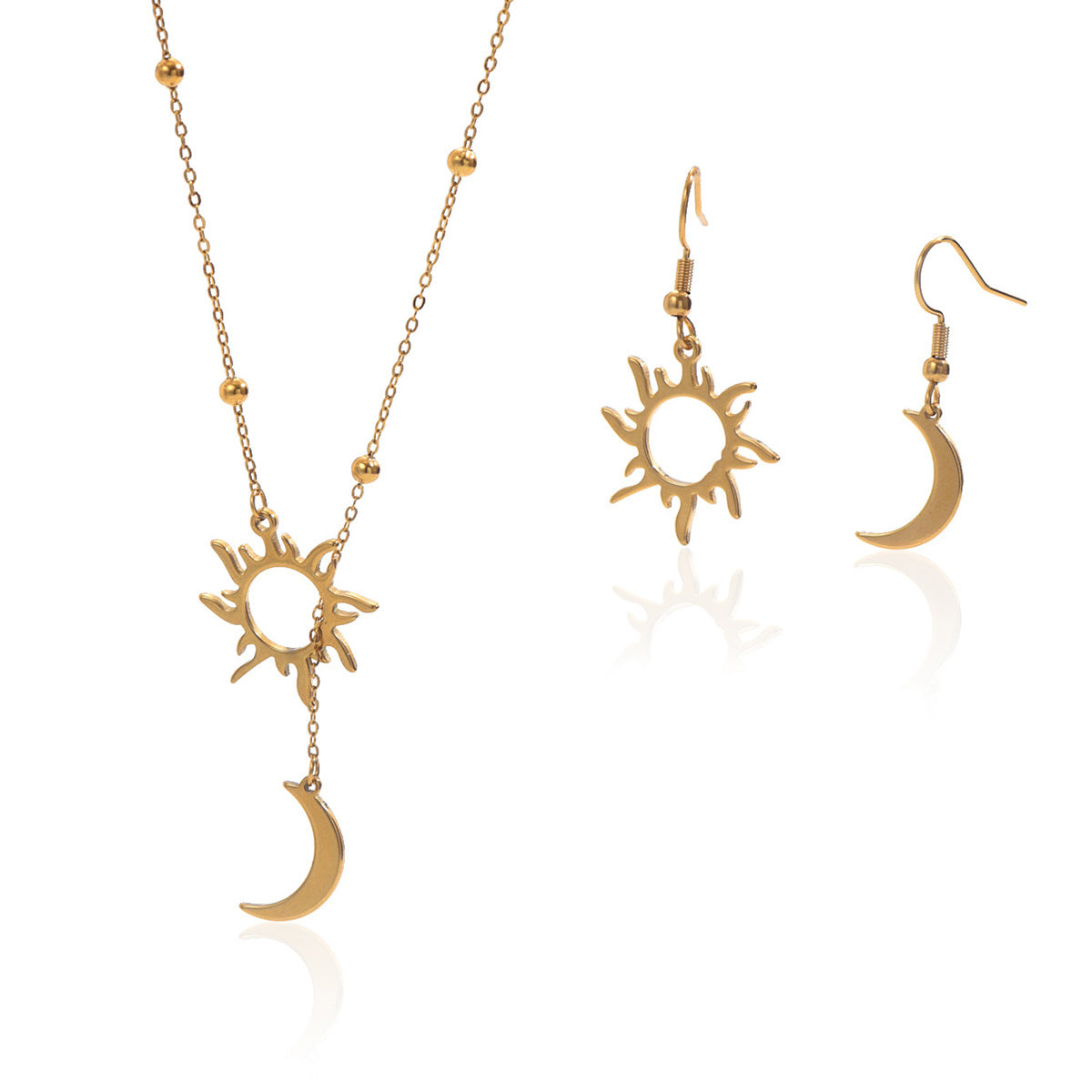 ✨ Laxly 18K Gold-Plated Stainless Steel Sun & Moon Pendant Necklace and Hoop Earrings Set for Women