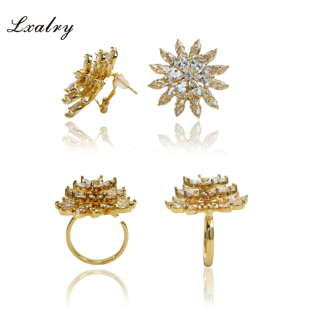 ✨ Laxly 18K Gold-Plated Copper Flower Jewellery Set – Baroque Statement Ring & Earrings