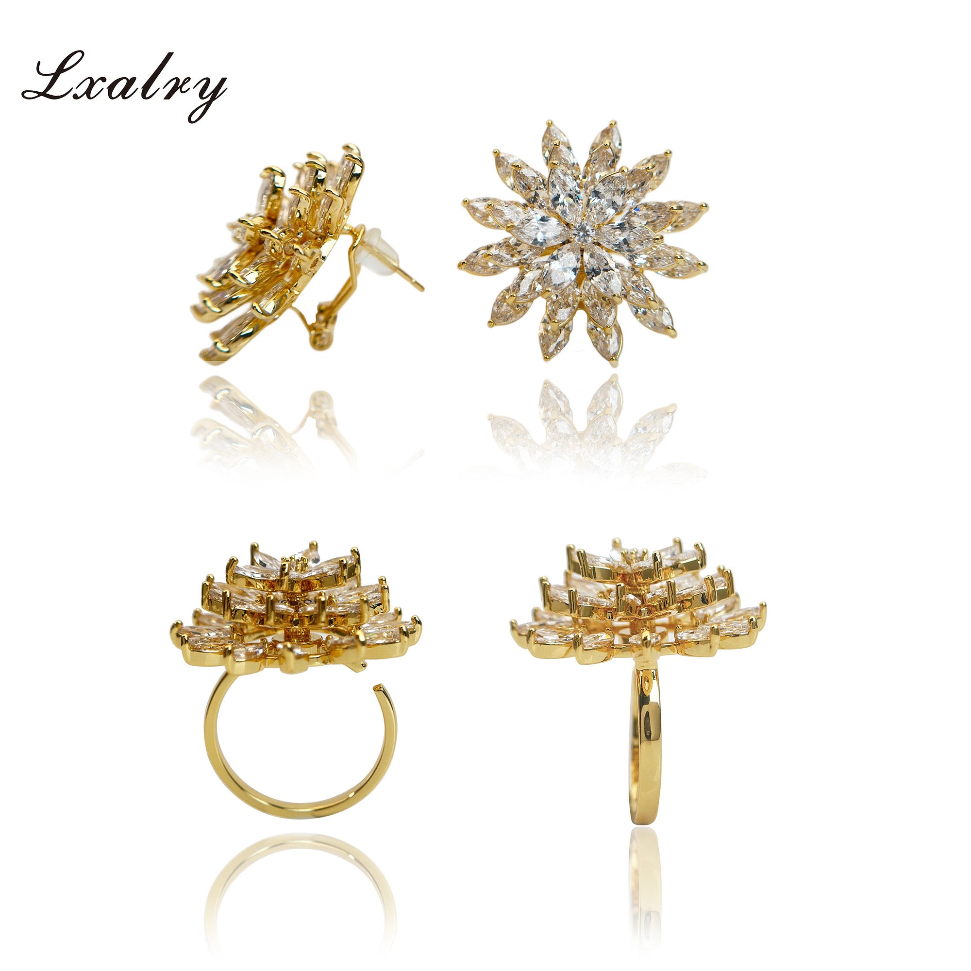 ✨ Laxly 18K Gold-Plated Copper Flower Jewellery Set – Baroque Statement Ring & Earrings
