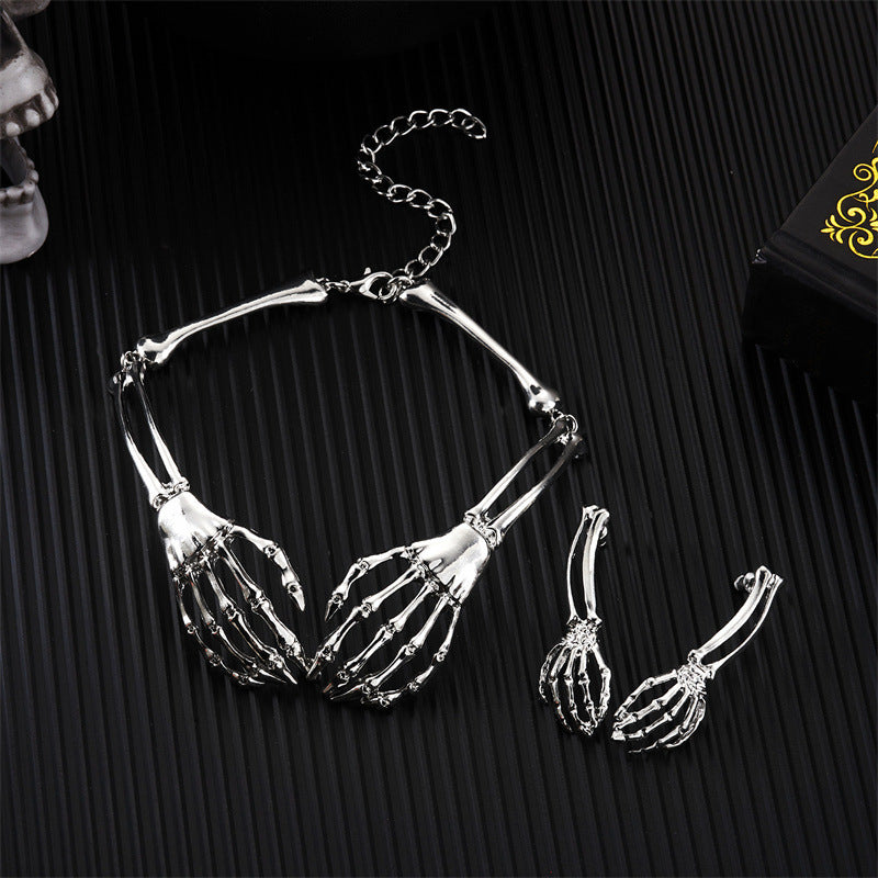 European & American Gothic Punk Skull & Ghost Claw Necklace + Earrings Set