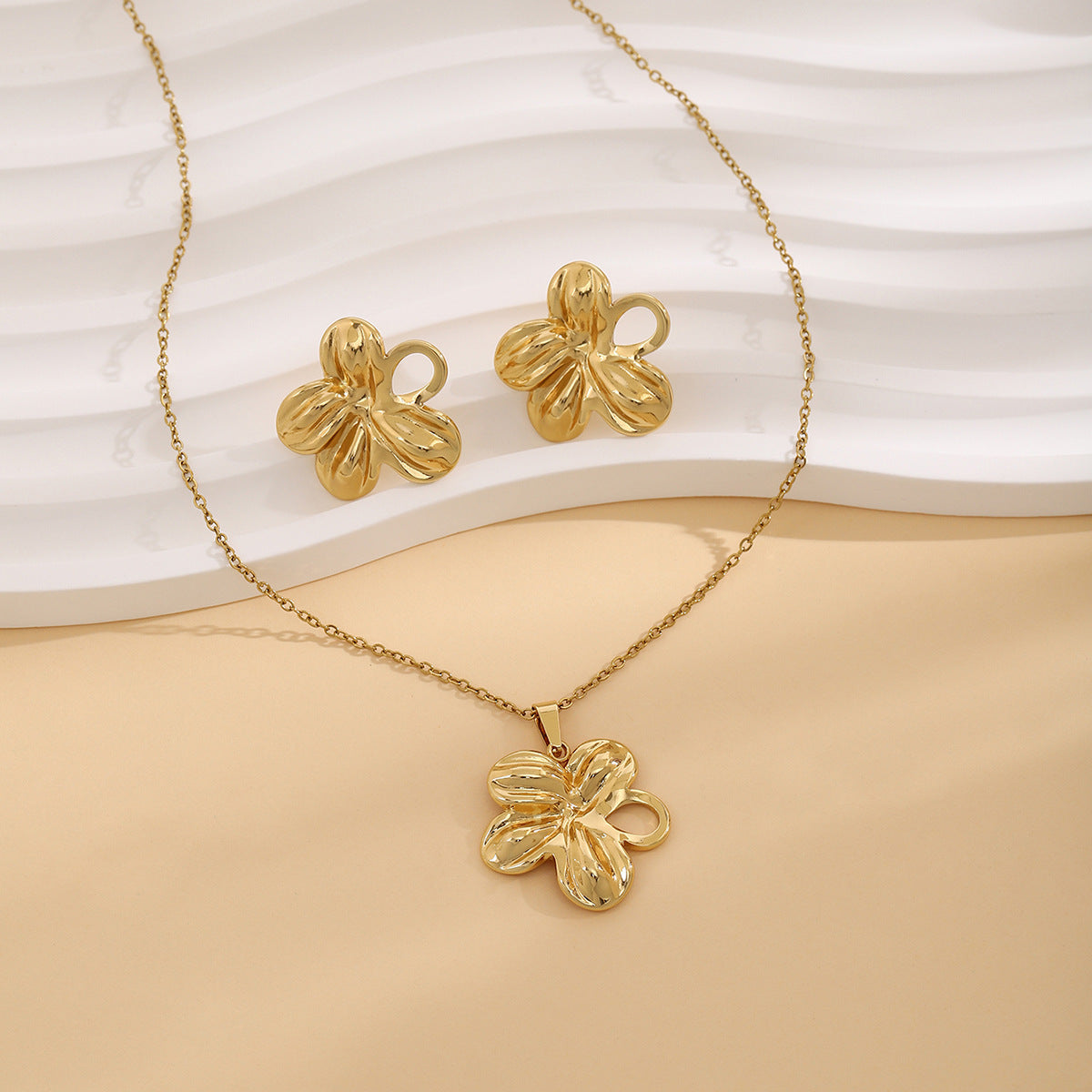 Geometric Leaves Texture Flower Love Heart Earrings And Necklace Set