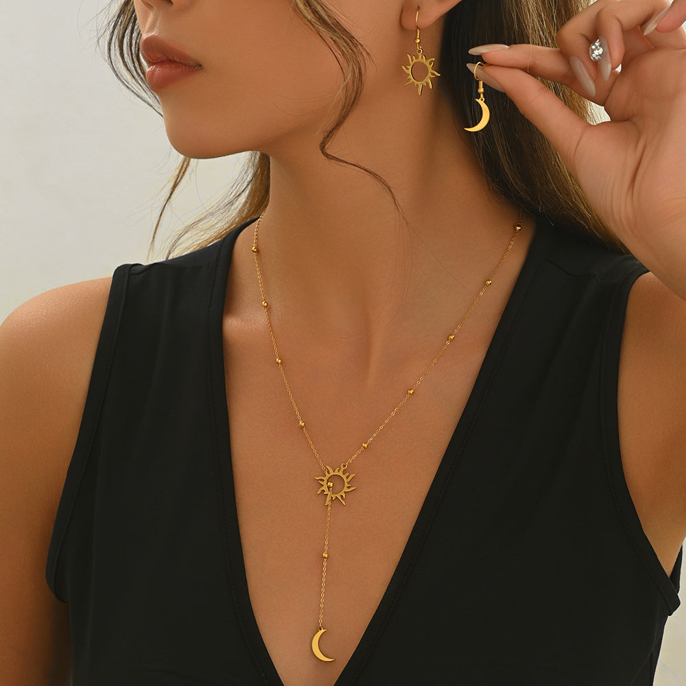 ✨ Laxly 18K Gold-Plated Stainless Steel Sun & Moon Pendant Necklace and Hoop Earrings Set for Women