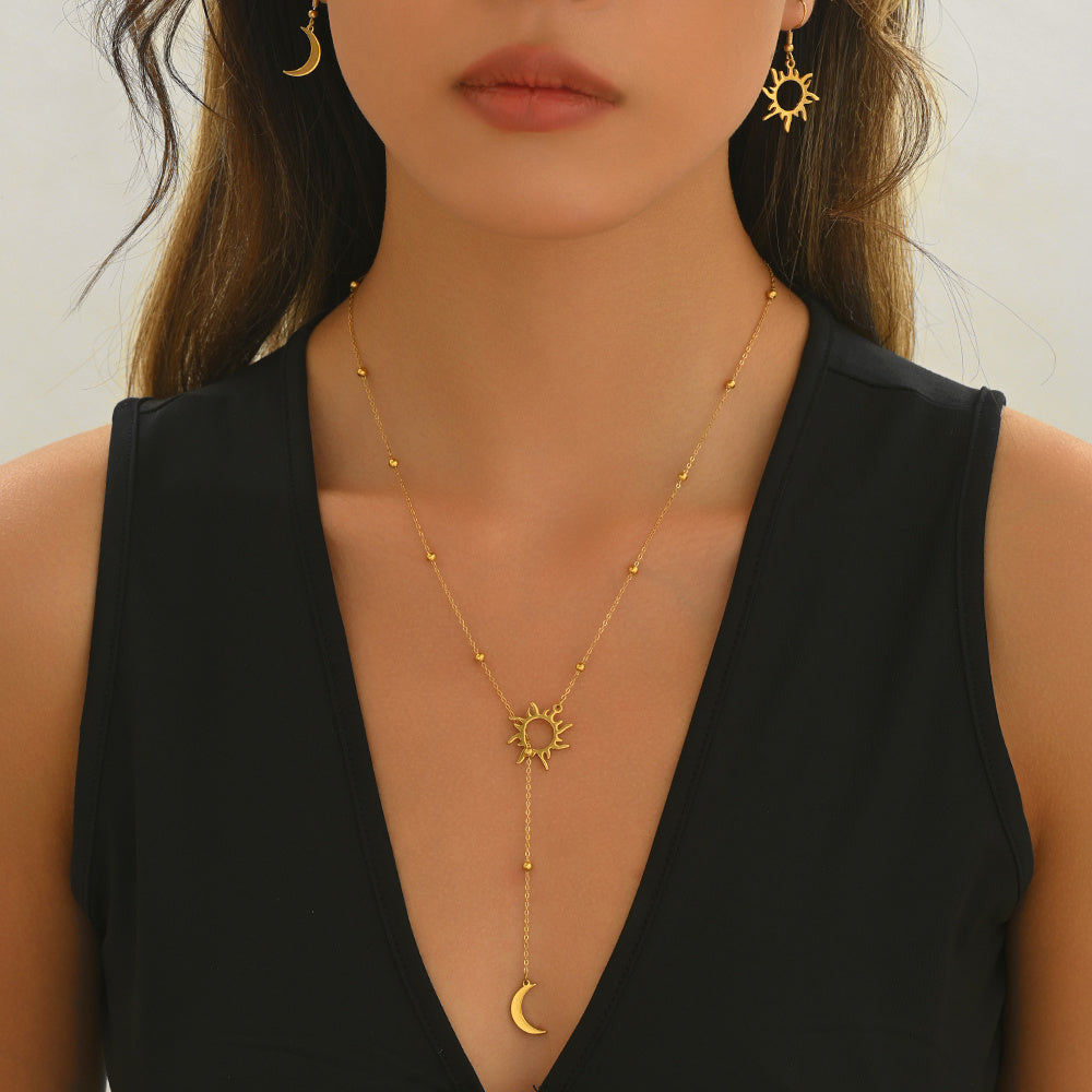 ✨ Laxly 18K Gold-Plated Stainless Steel Sun & Moon Pendant Necklace and Hoop Earrings Set for Women