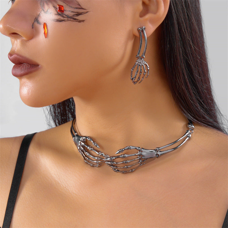 European & American Gothic Punk Skull & Ghost Claw Necklace + Earrings Set