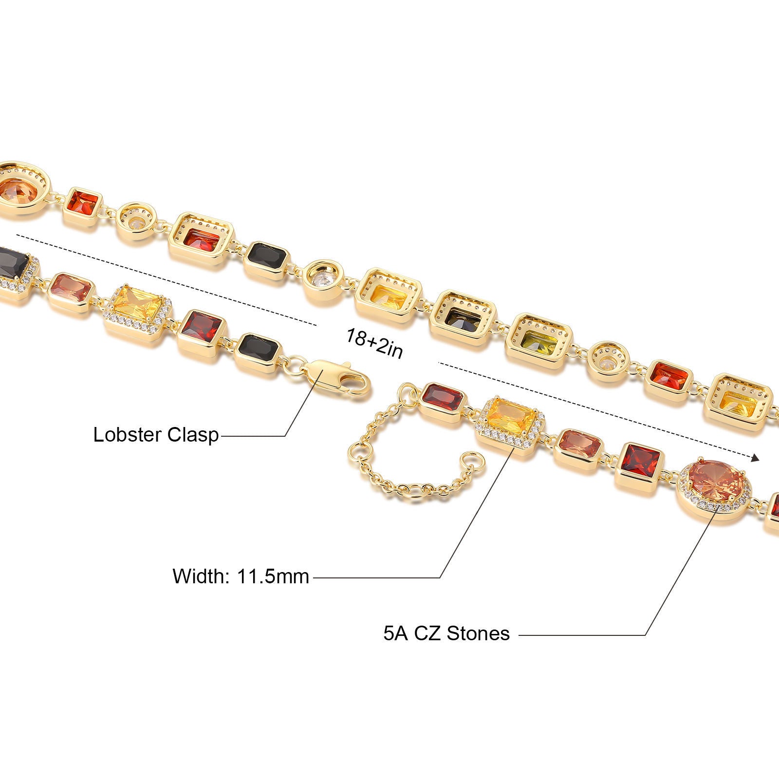 Vintage Mixed Gemstone Tennis Necklace – 5A CZ, 18K Gold-Plated Jewelry for Men & Women