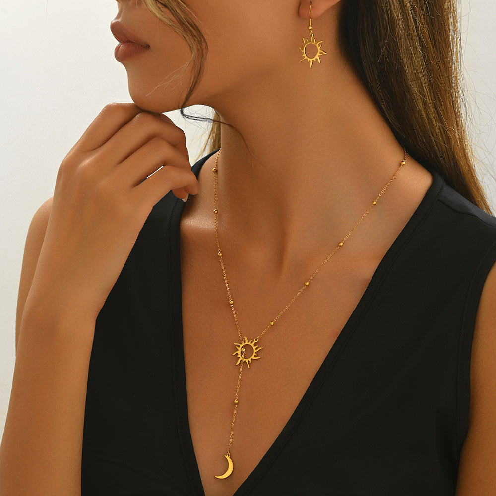 ✨ Laxly 18K Gold-Plated Stainless Steel Sun & Moon Pendant Necklace and Hoop Earrings Set for Women