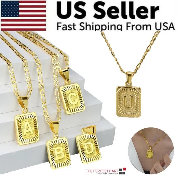 ✨ Gold-Plated Initial Pendant Necklace with Figaro Chain