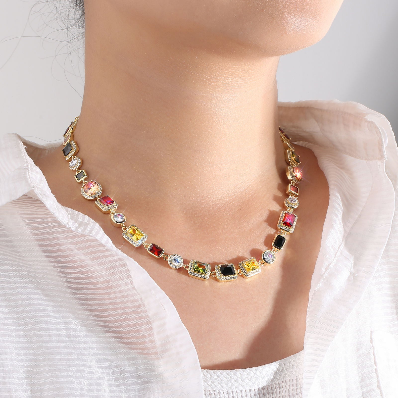 Vintage Mixed Gemstone Tennis Necklace – 5A CZ, 18K Gold-Plated Jewelry for Men & Women