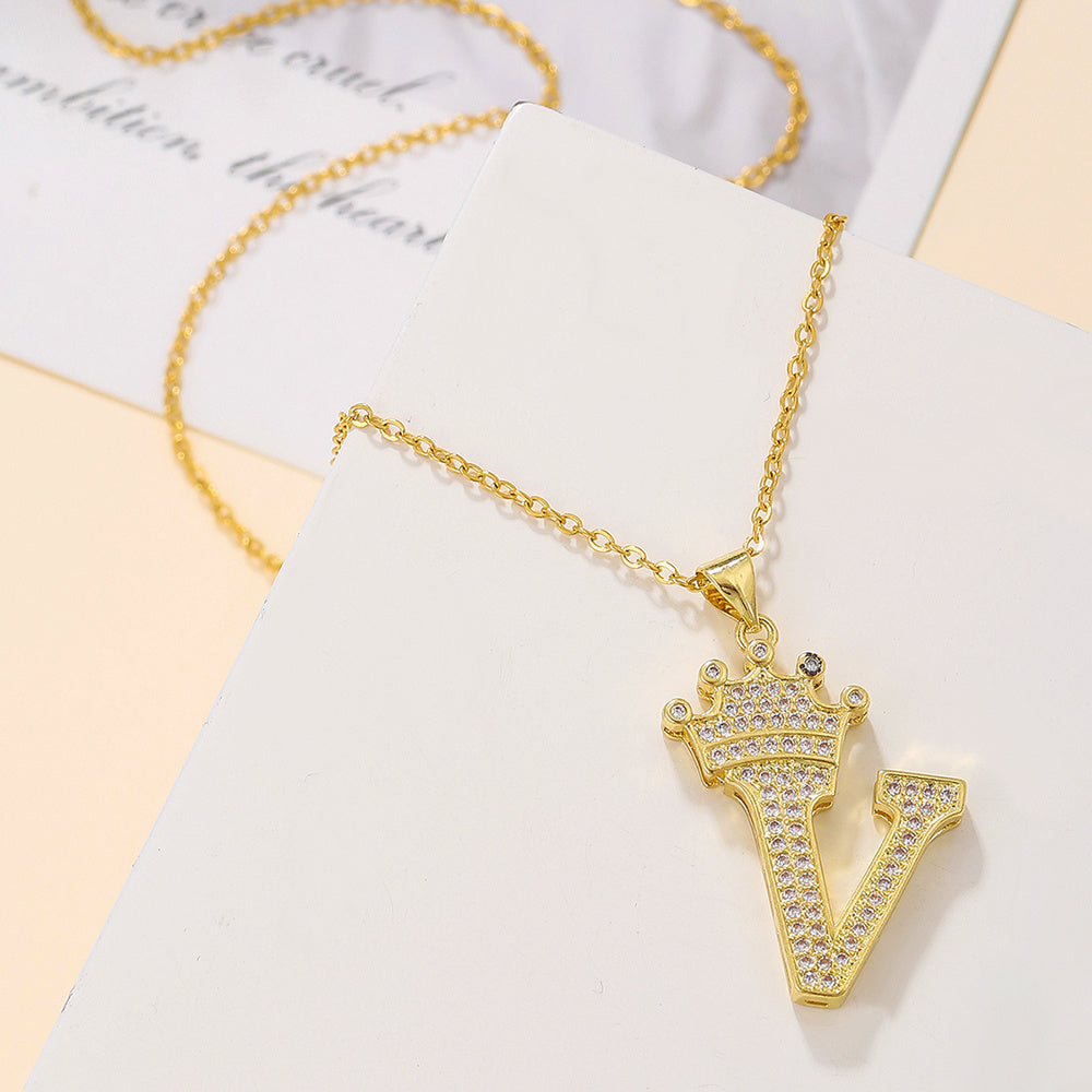 Gold Diamond Crown Uppercase Letter Pendant Necklace – Fashionable & Trendy