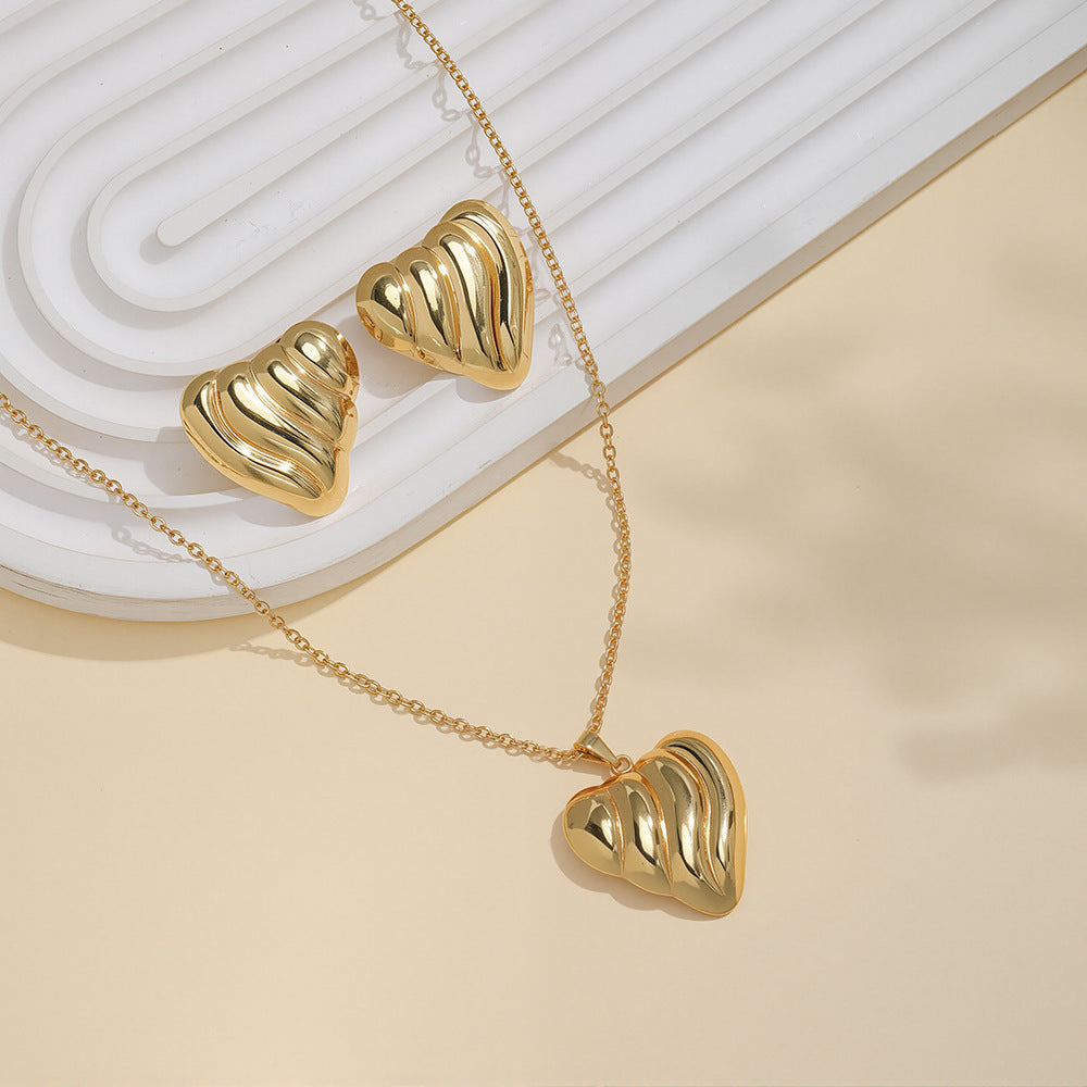 Geometric Leaves Texture Flower Love Heart Earrings And Necklace Set