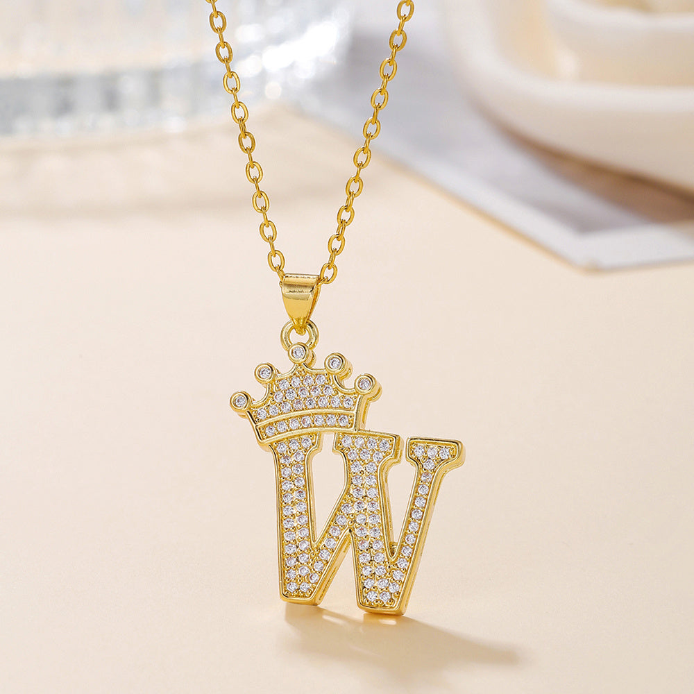 Gold Diamond Crown Uppercase Letter Pendant Necklace – Fashionable & Trendy