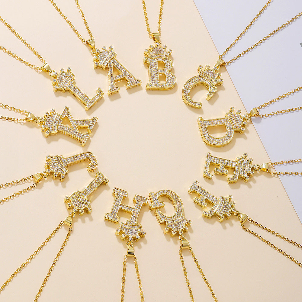 Gold Diamond Crown Uppercase Letter Pendant Necklace – Fashionable & Trendy
