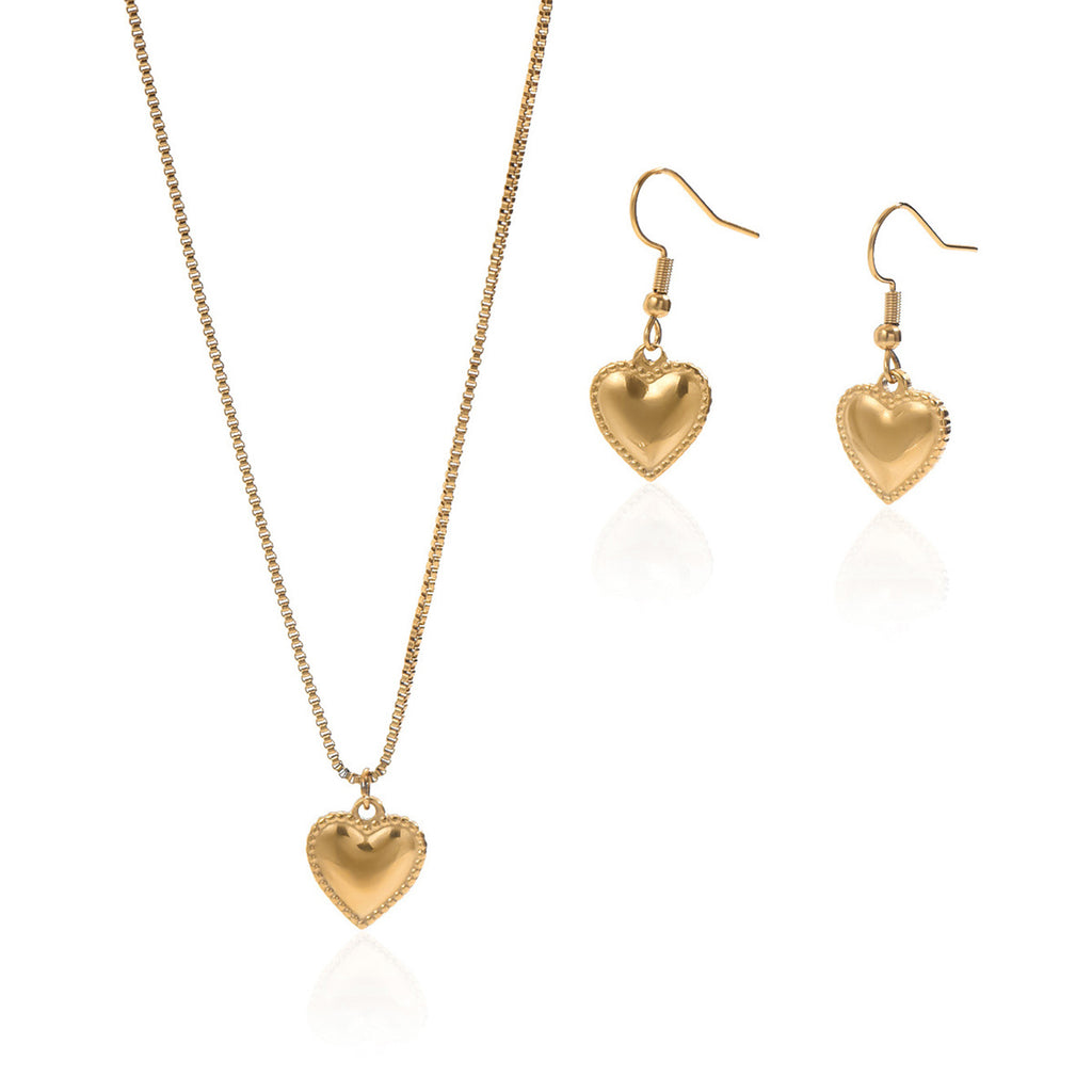 ✨ Laxly 18K Gold-Plated Stainless Steel Puffy Heart Pendant Necklace & Earrings Set for Women
