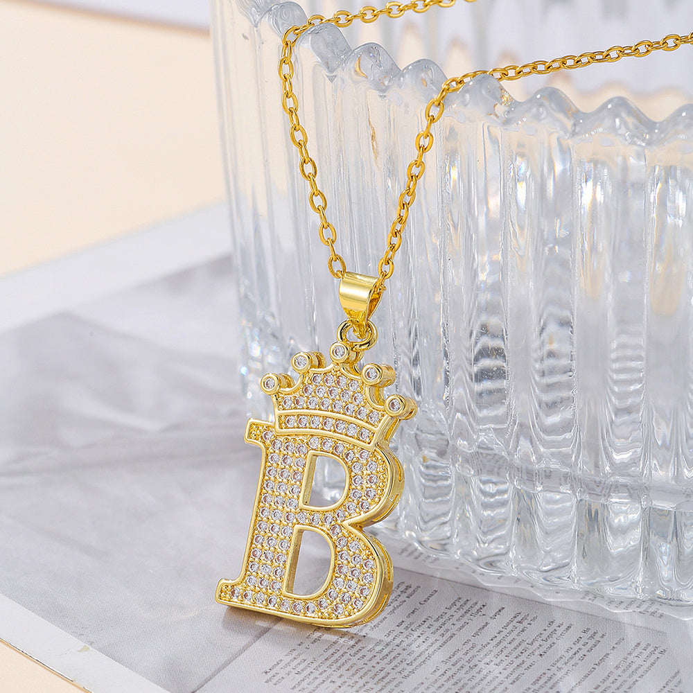 Gold Diamond Crown Uppercase Letter Pendant Necklace – Fashionable & Trendy