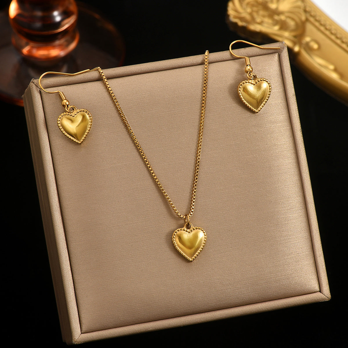 ✨ Laxly 18K Gold-Plated Stainless Steel Puffy Heart Pendant Necklace & Earrings Set for Women