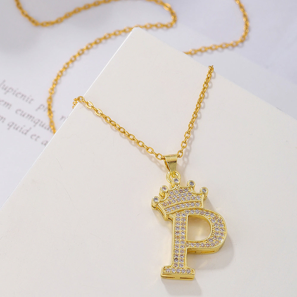 Gold Diamond Crown Uppercase Letter Pendant Necklace – Fashionable & Trendy