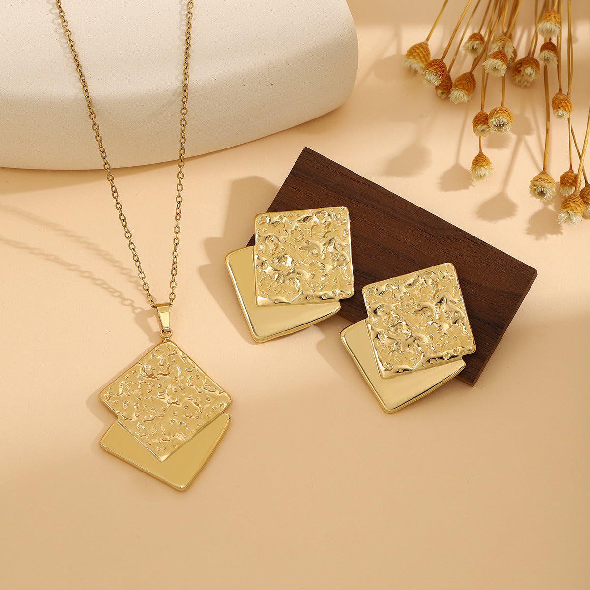 Geometric Leaves Texture Flower Love Heart Earrings And Necklace Set