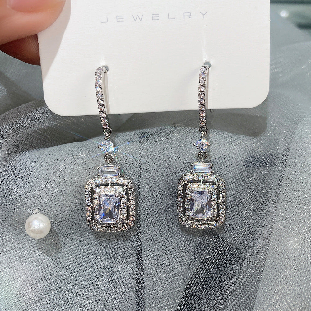 Princess-Style Square Zircon Diamond Ear Hooks