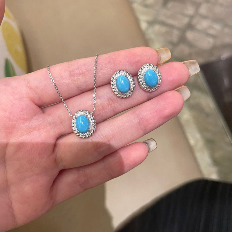 Retro Twist Egg-Shaped Turquoise Necklace & Stud Set