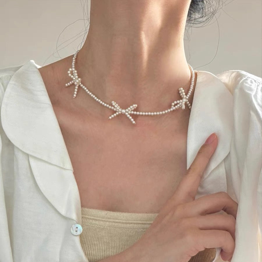 Women’s Dainty Pearl Necklace with Bow Pendant